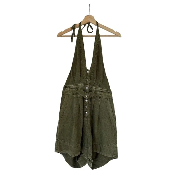 Free People City's Edge Romper in Dried Basil Linen Blend M - Picture 4 of 10
